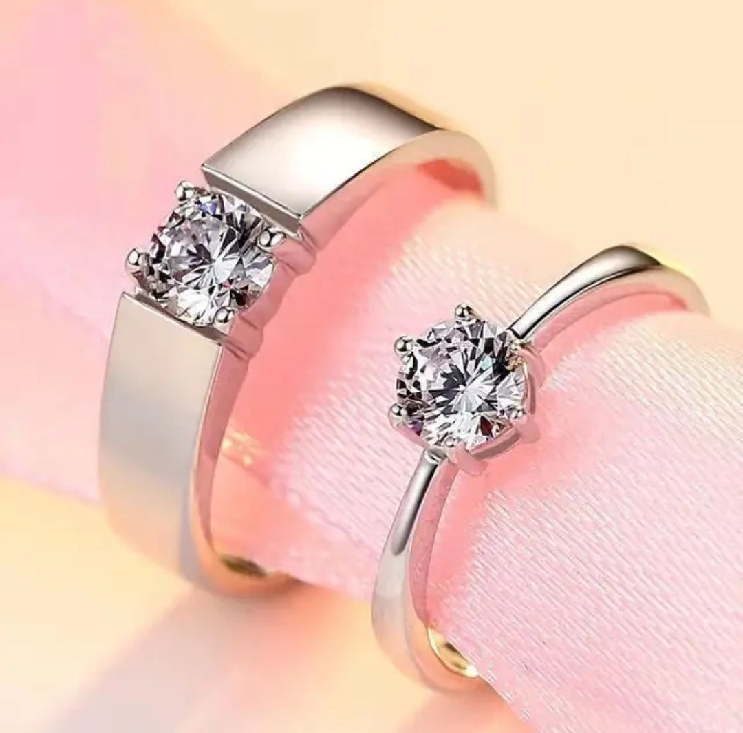 CZ Stones Studded Stainless Steel Adjustable Size Couple Ring Set