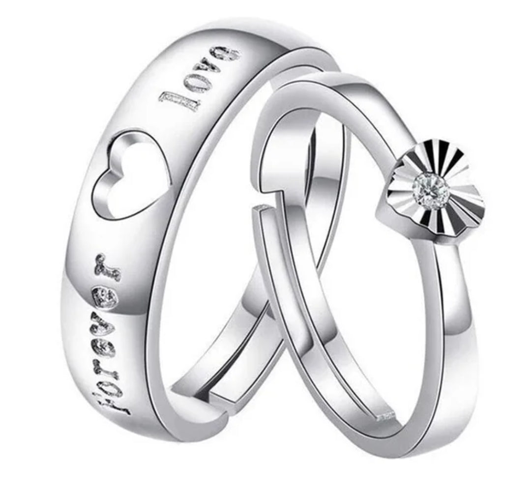 CZ Stones Studded Stainless Steel Adjustable Size Couple Ring Set