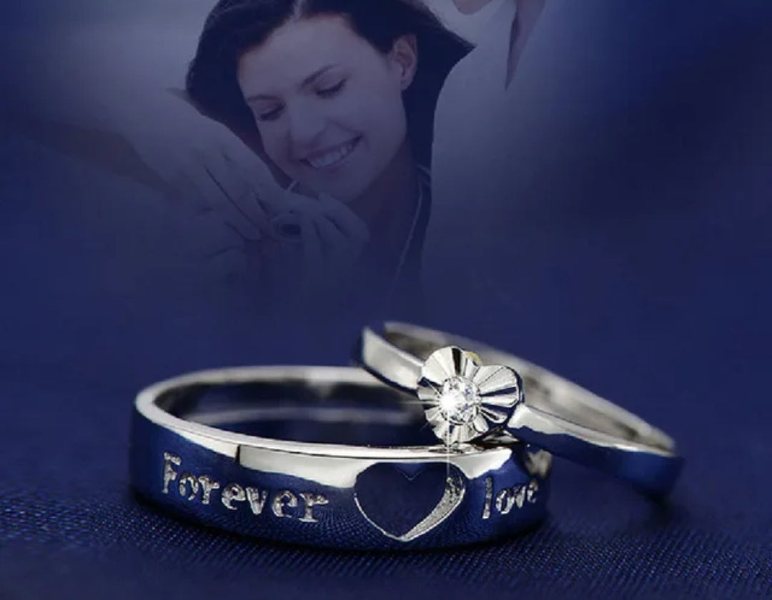 CZ Stones Studded Stainless Steel Adjustable Size Couple Ring Set