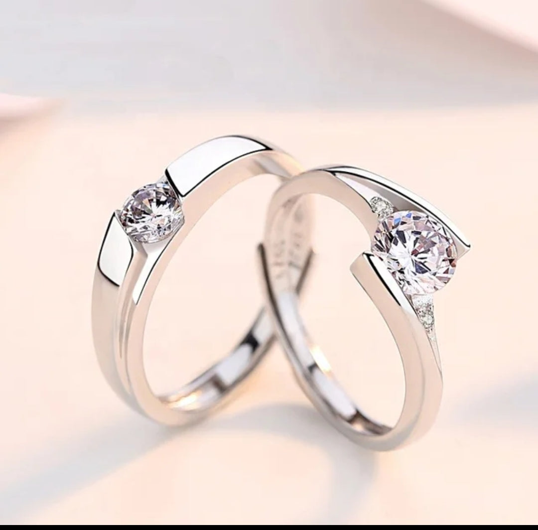 CZ Stones Studded Stainless Steel Adjustable Size Couple Ring Set