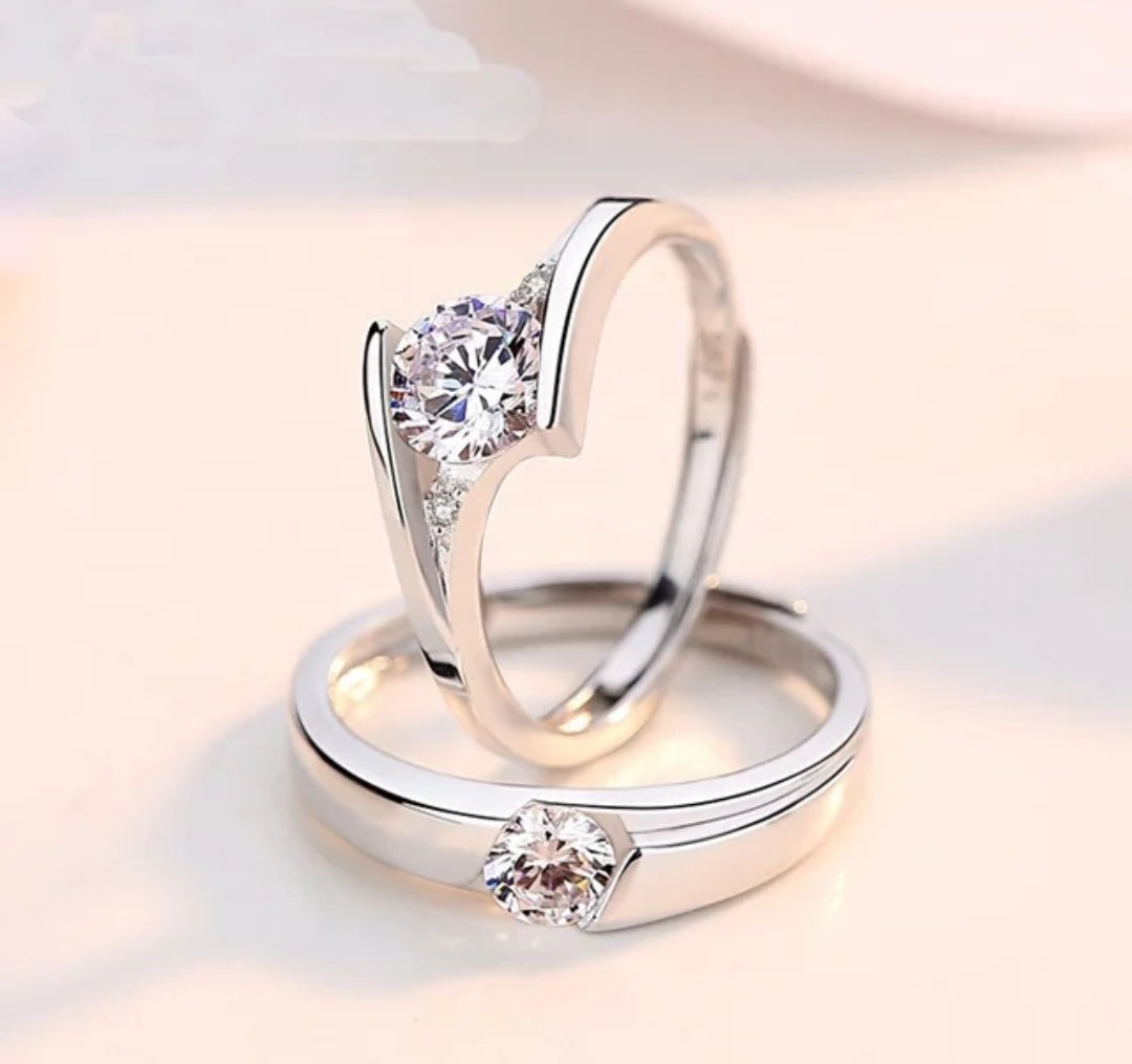 CZ Stones Studded Stainless Steel Adjustable Size Couple Ring Set