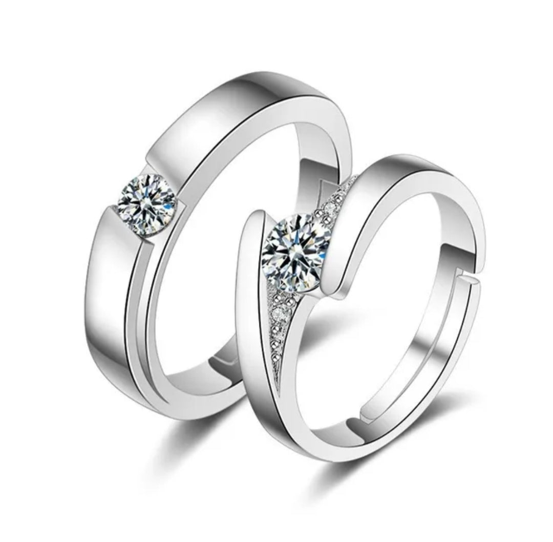 CZ Stones Studded Stainless Steel Adjustable Size Couple Ring Set