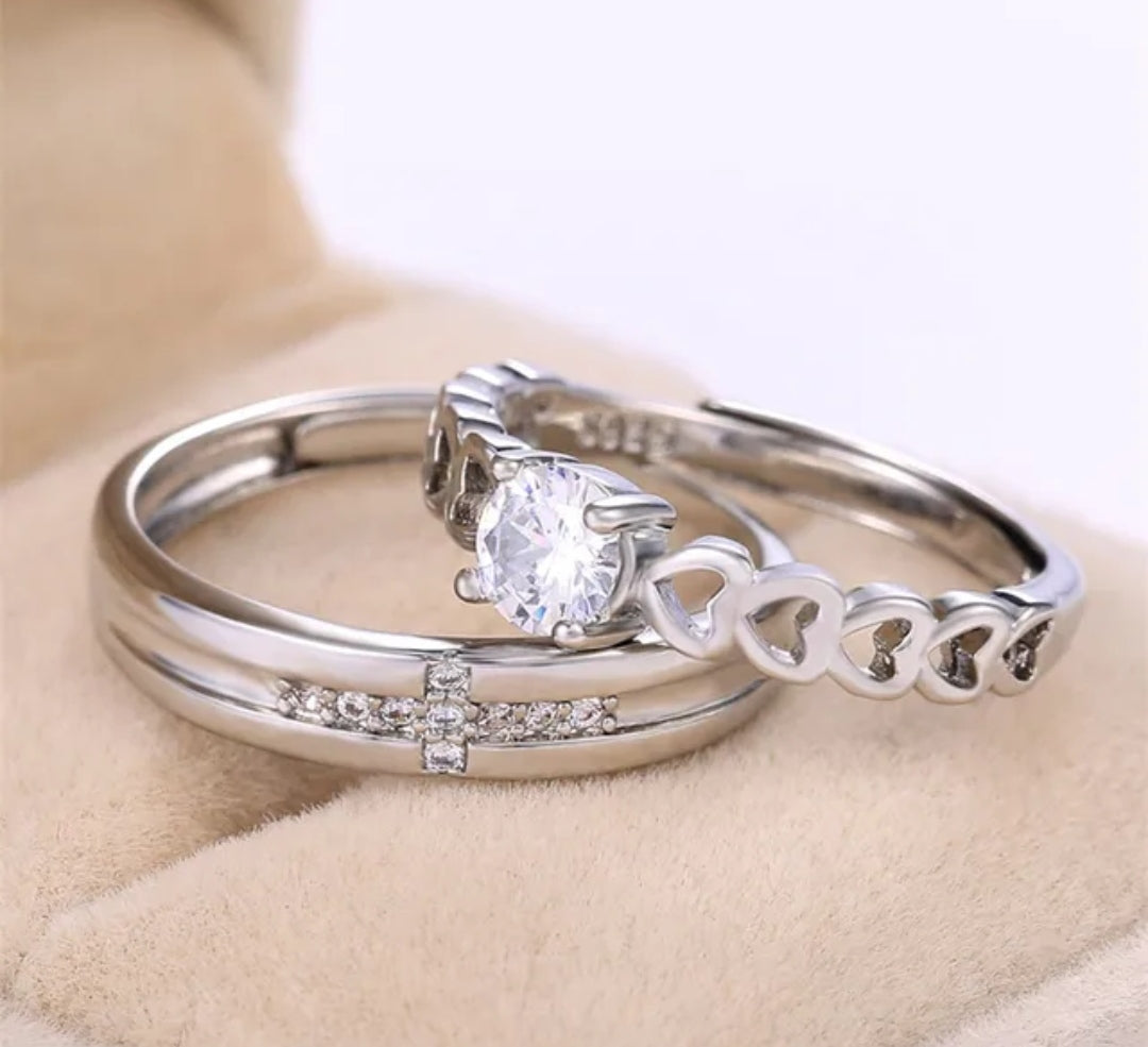 CZ Stones Studded Stainless Steel Adjustable Size Couple Ring Set