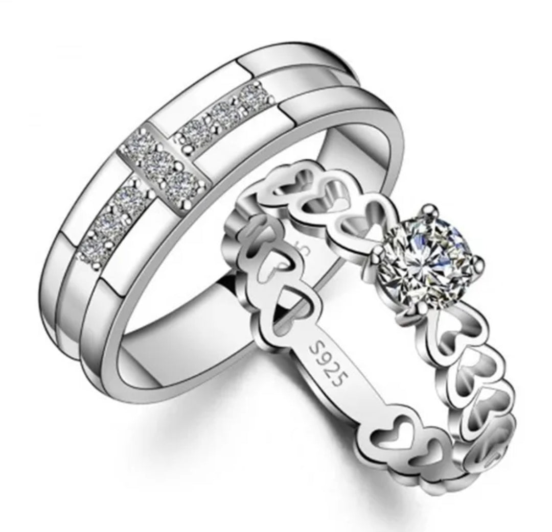 CZ Stones Studded Stainless Steel Adjustable Size Couple Ring Set