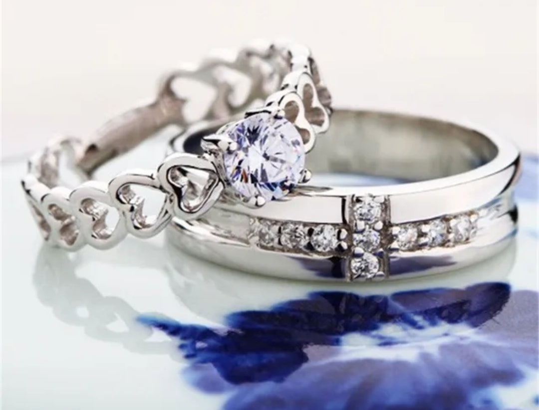 CZ Stones Studded Stainless Steel Adjustable Size Couple Ring Set
