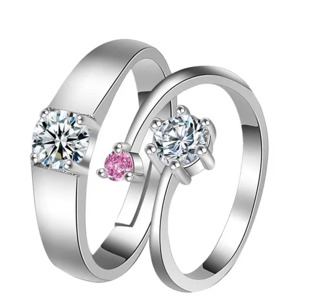 CZ Stones Studded Stainless Steel Adjustable Size Couple Ring Set