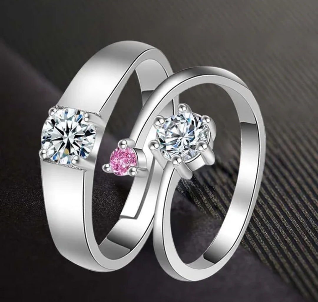 CZ Stones Studded Stainless Steel Adjustable Size Couple Ring Set