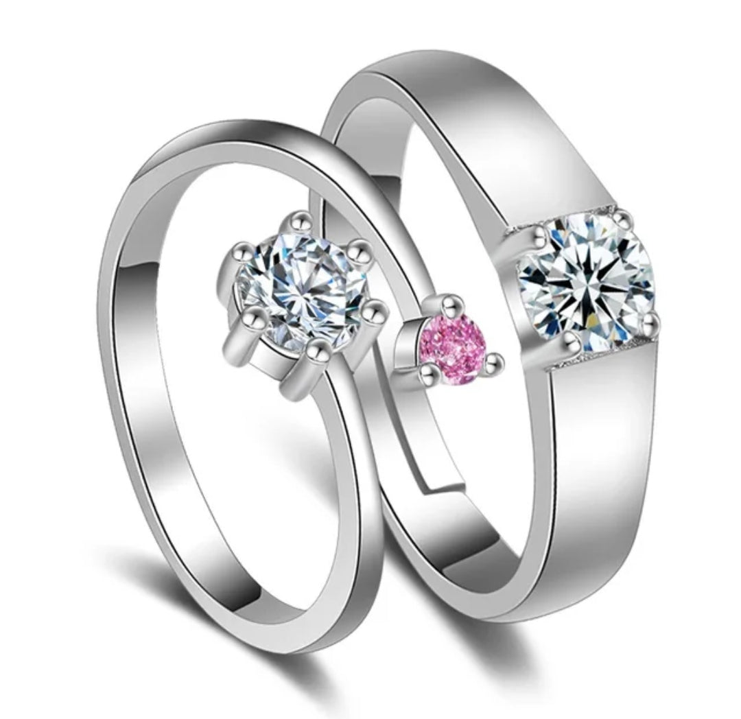 CZ Stones Studded Stainless Steel Adjustable Size Couple Ring Set