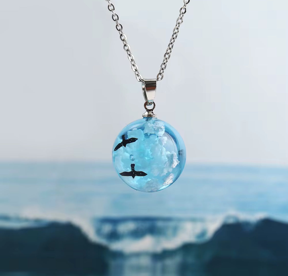 Ocean Blue Glass Pendant Necklace | Sky & Sea Inspired Round Pendant | Elegant Resin Globe Necklace for Women & Girls