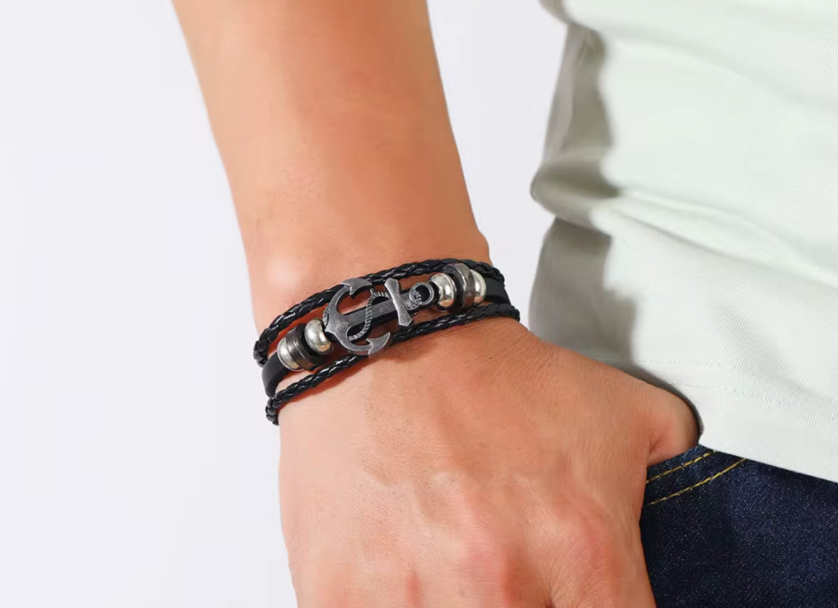 Men’s Black Leather Anchor Bracelet | Stylish Nautical Design | Wristband with Stainless Steel Charm