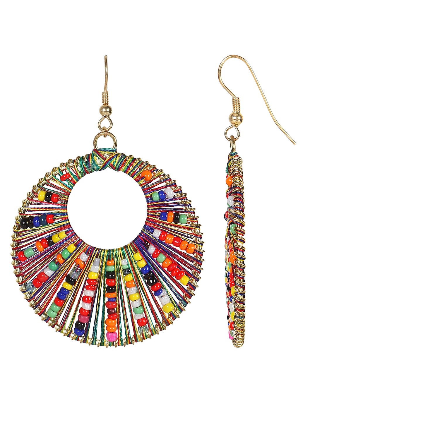 Round Multi-coloured Thread Hand Made Fish Hook Earrings