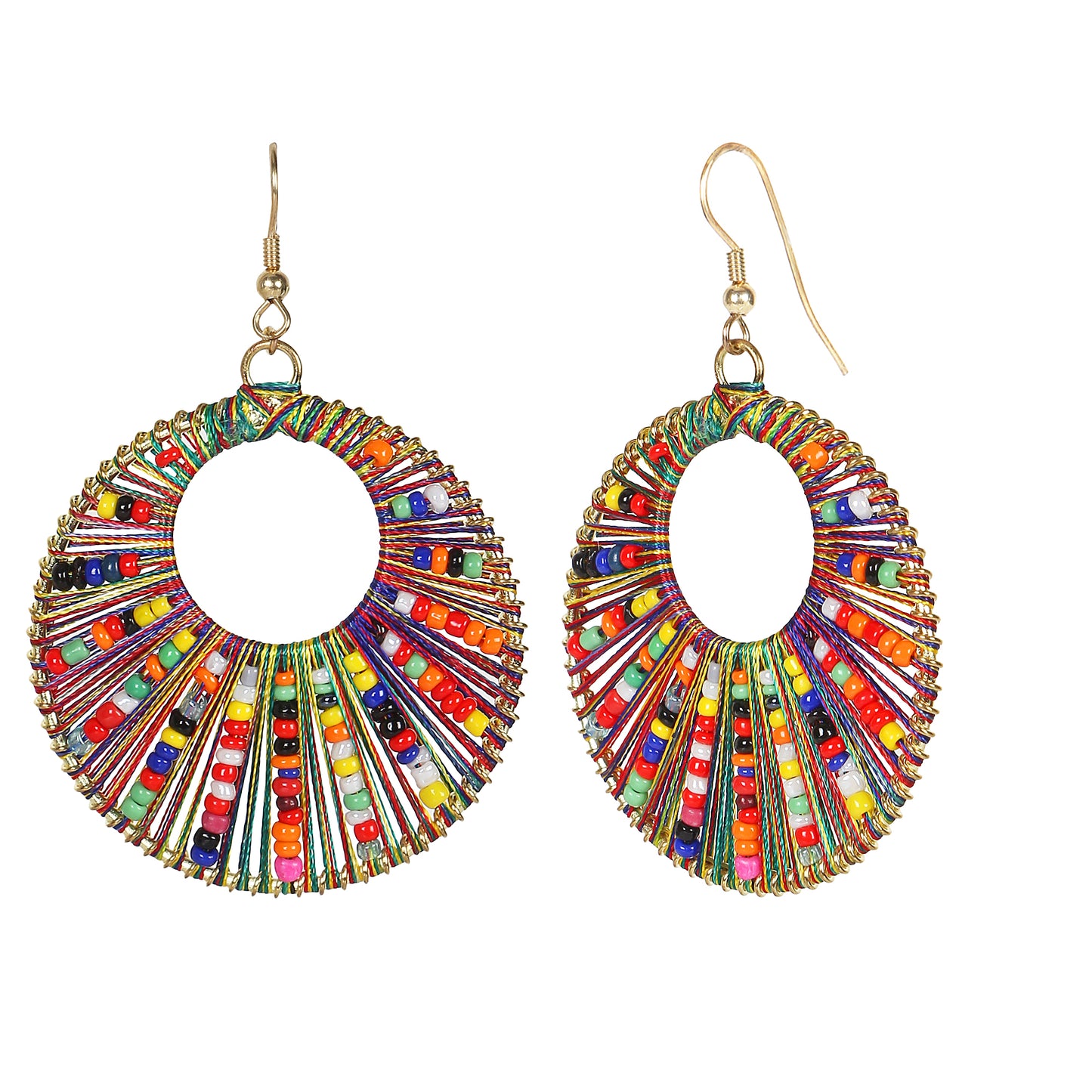 Round Multi-coloured Thread Hand Made Fish Hook Earrings