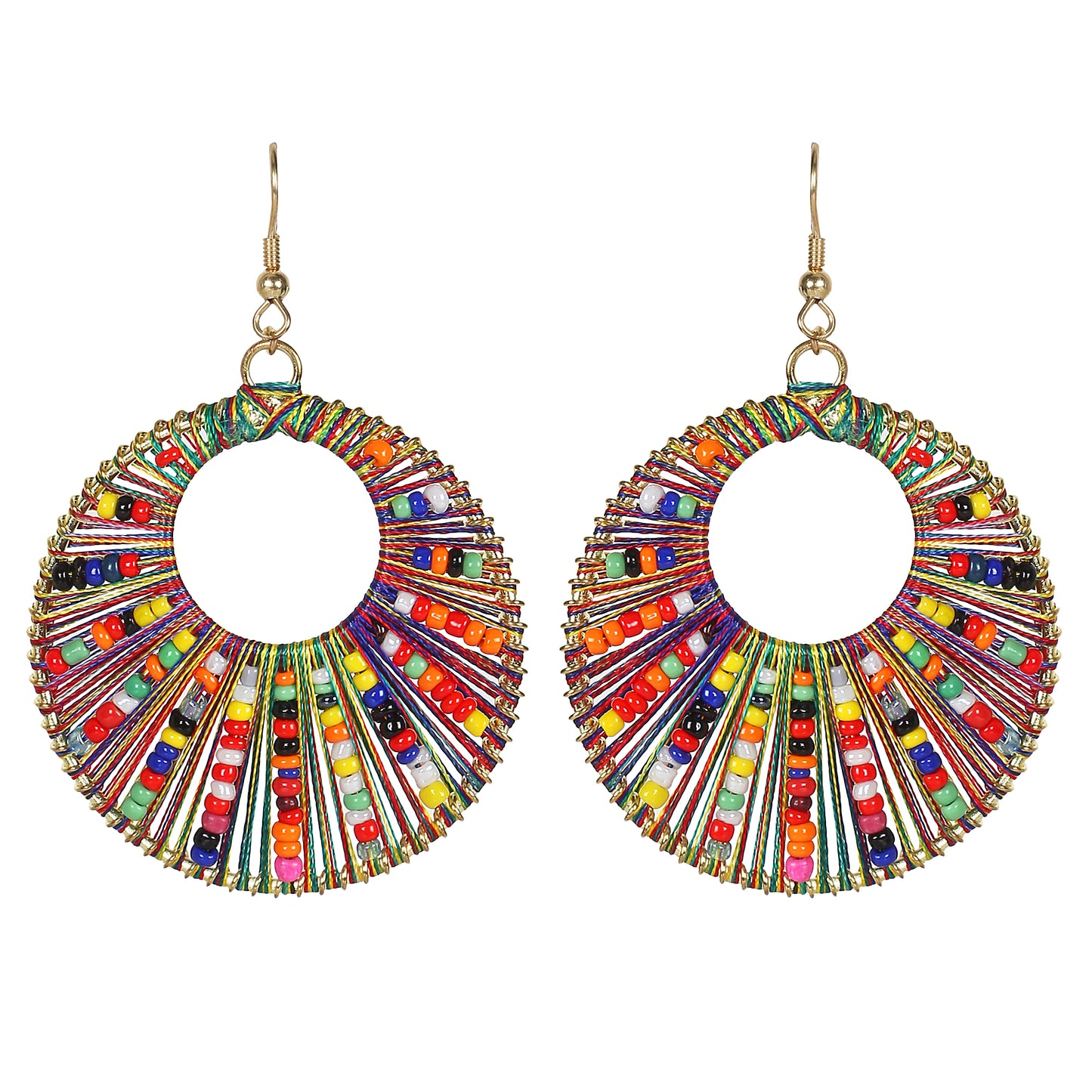 Round Multi-coloured Thread Hand Made Fish Hook Earrings