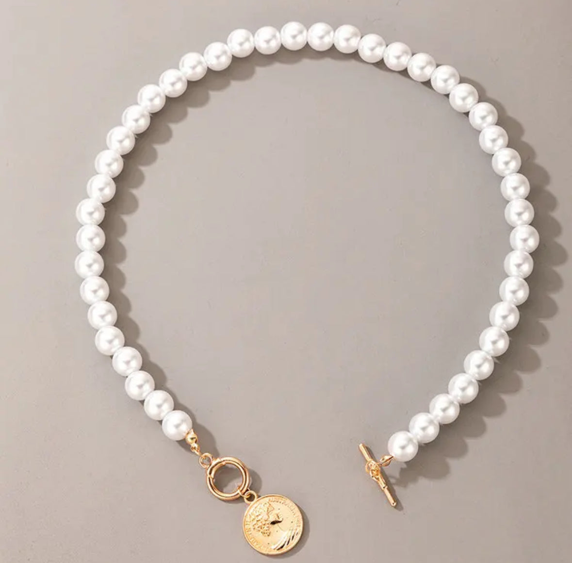 Elegant Pearl Beaded Necklace with Gold Coin Pendant