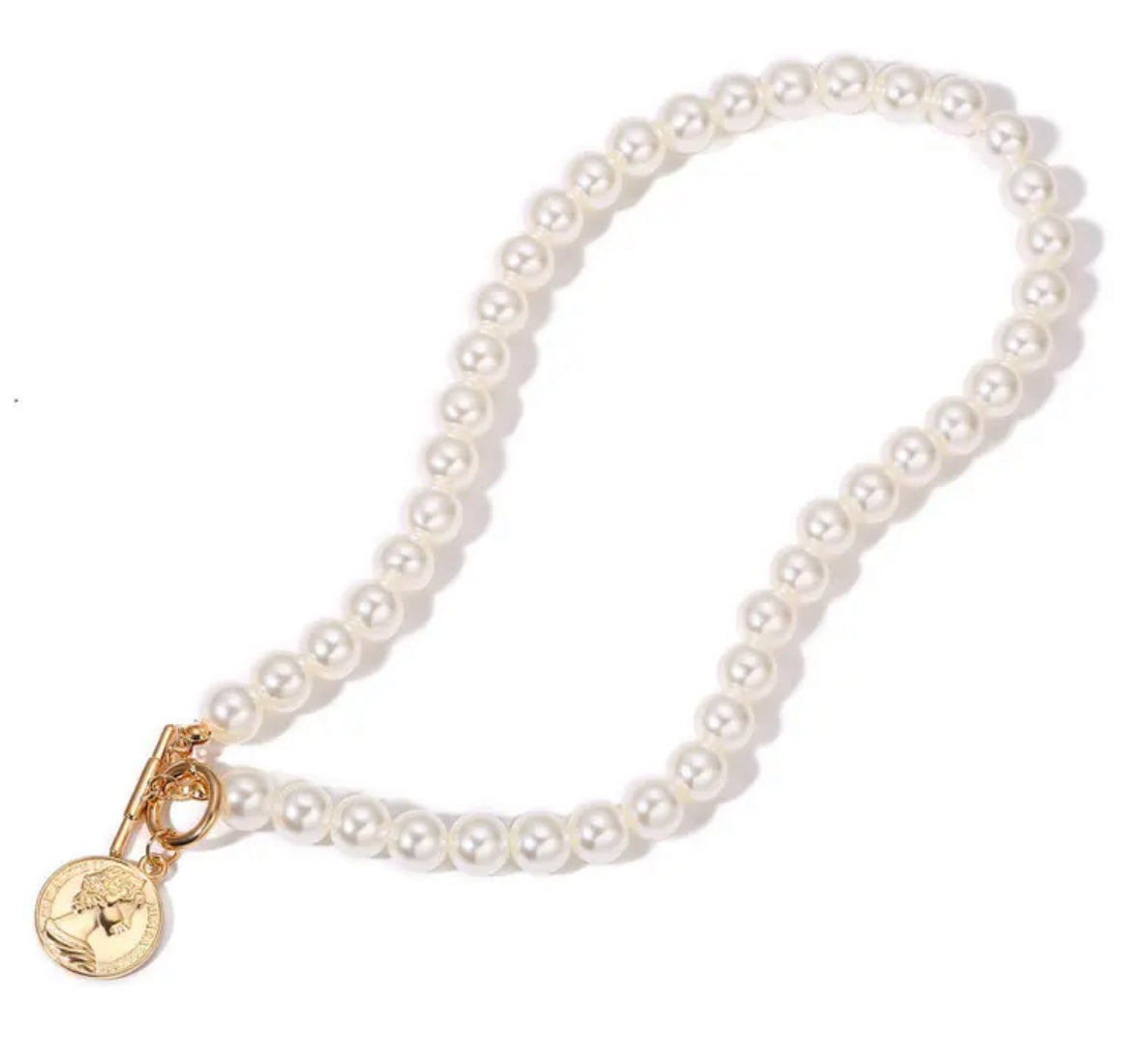 Elegant Pearl Beaded Necklace with Gold Coin Pendant