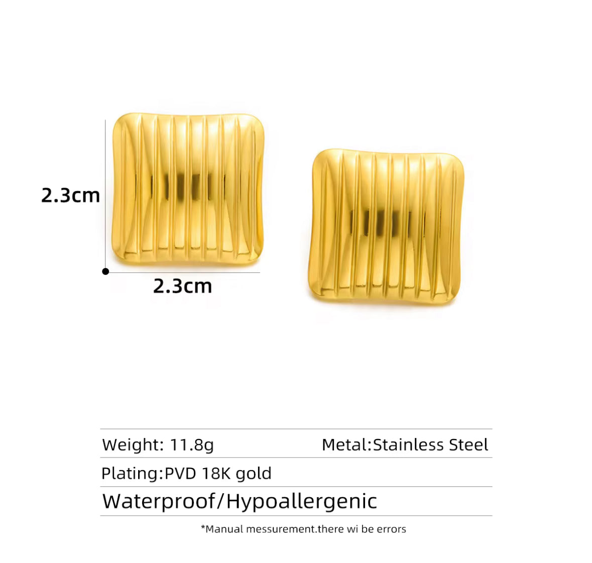 Gold Plated Ribbed Square Stud Earrings for Women | Stainless Steel Statement Earrings | Waterproof & Hypoallergenic