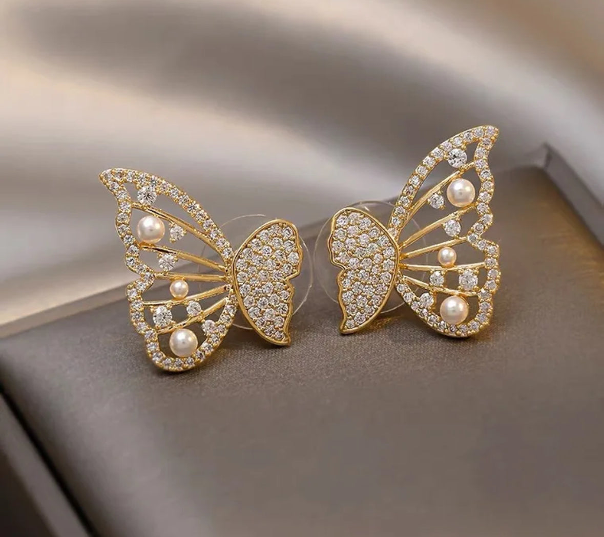 Golden Butterfly AD Stones Studded Push Plugs Earrings