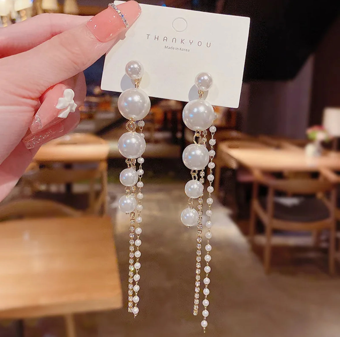 Long Pearl and AD Stones Studded Korean Push Plugs Hangings Earrings