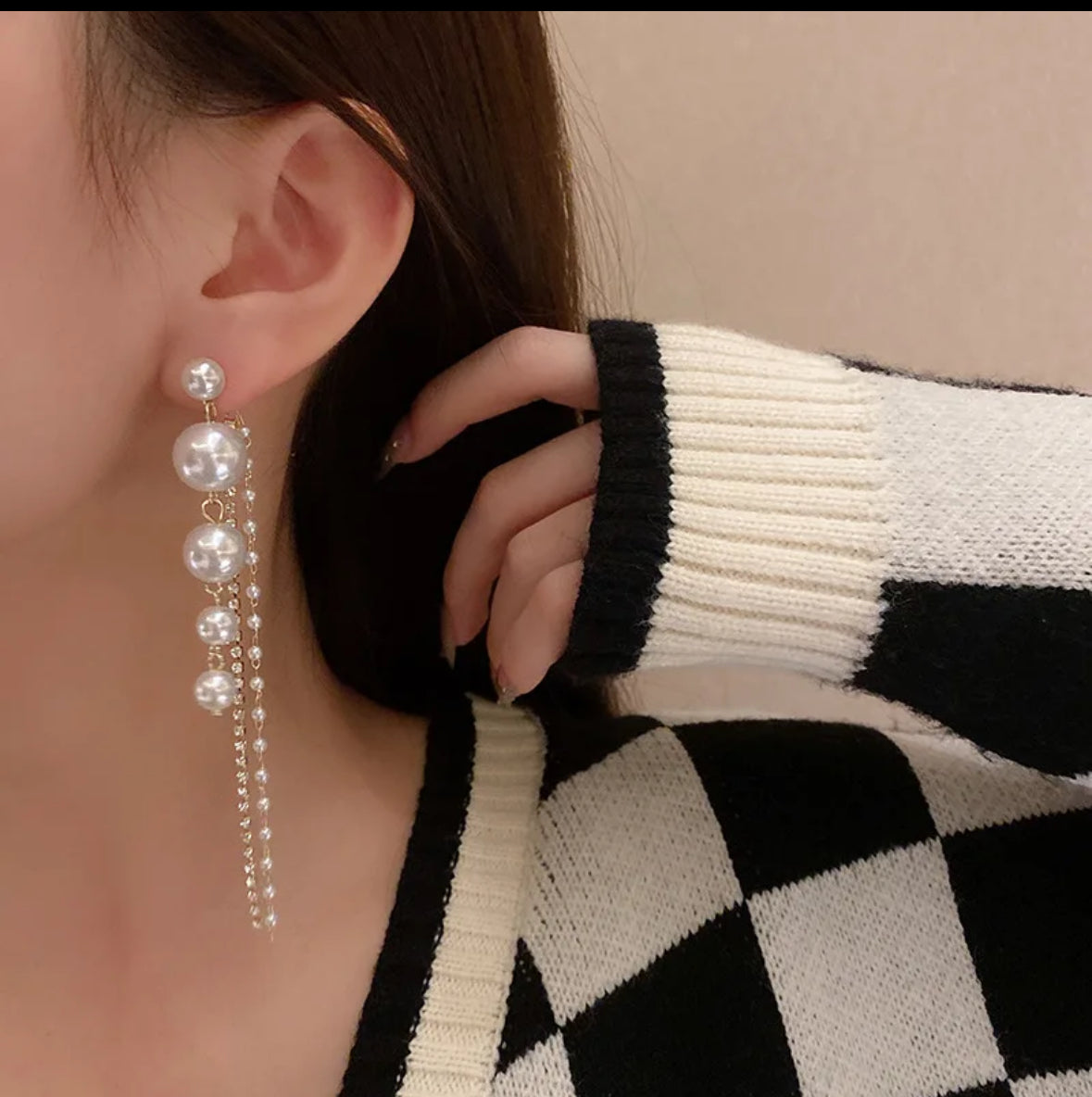 Long Pearl and AD Stones Studded Korean Push Plugs Hangings Earrings