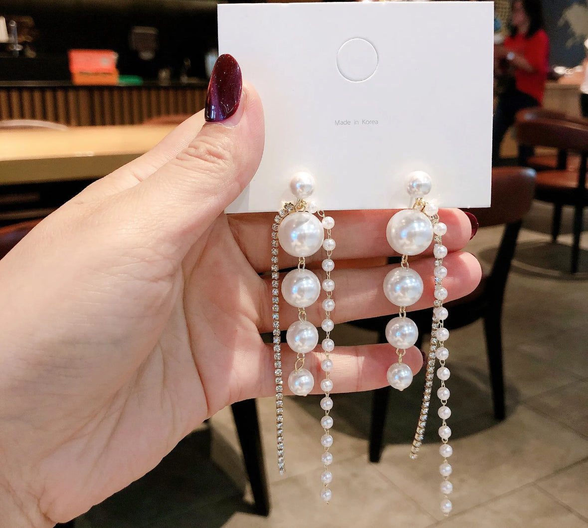 Long Pearl and AD Stones Studded Korean Push Plugs Hangings Earrings