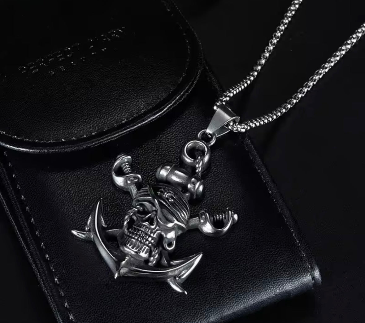 Pirate Skull Anchor Stainless Steel Pendant Necklace – 24” Chain for Men