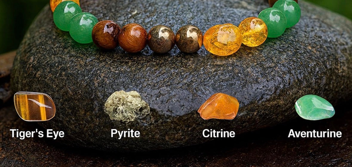 Wealth & Success Crystal Bracelet – Pyrite, Citrine, Tiger Eye & Green Aventurine | Money & Prosperity Bracelet