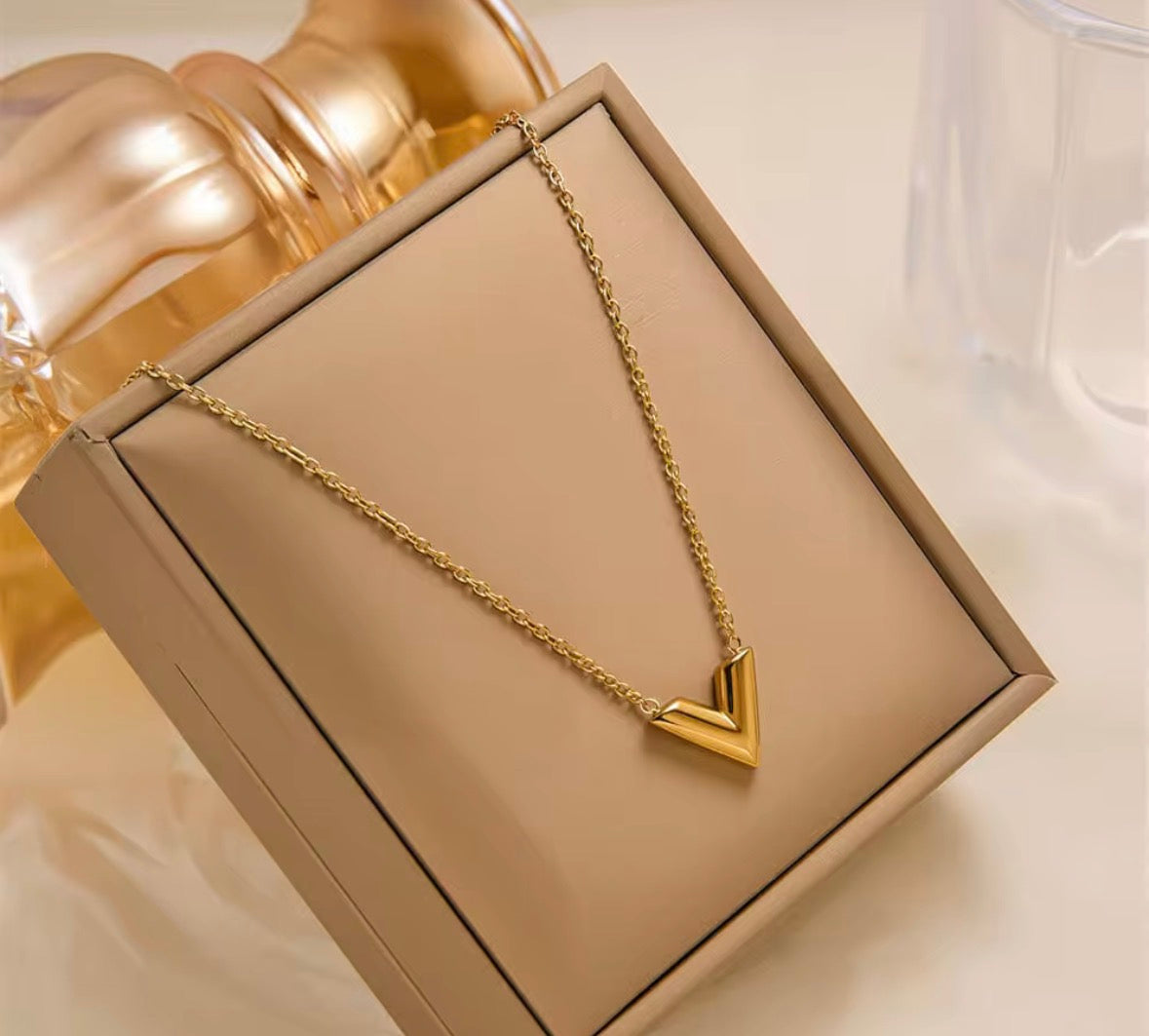 Gold Plated V-Shape Geometric Necklace for Women – Minimalist Stainless Steel Pendant
