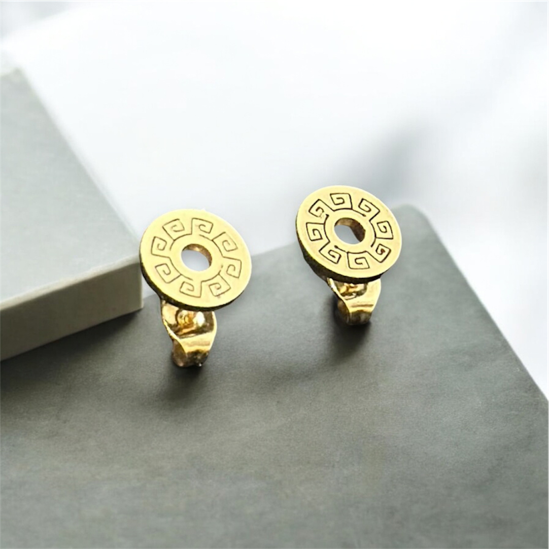 Round Design Minimal Size Elegant Gold Patterned Push Plugs Stainless Steel Earrings for Women