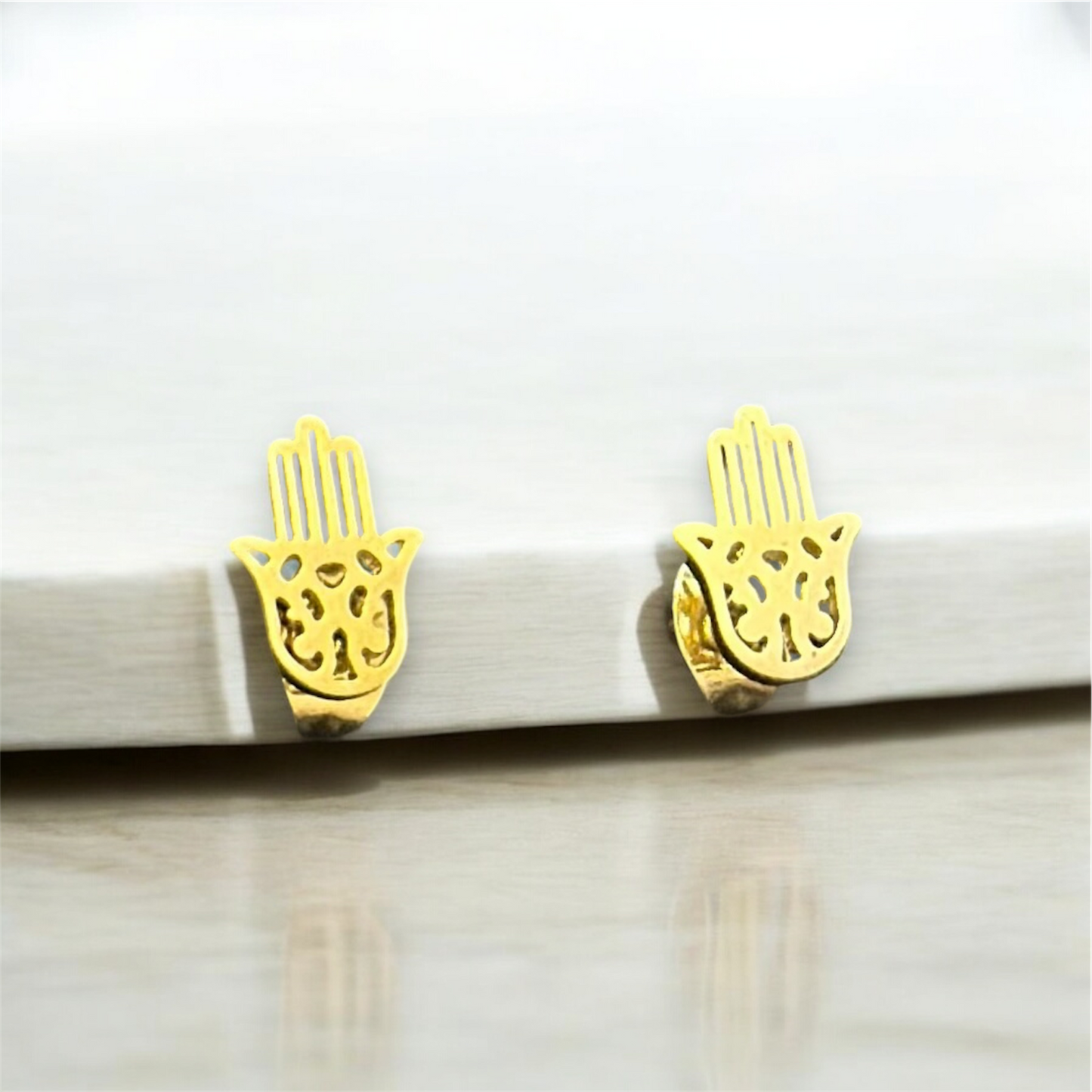 Minimal Size Elegant Gold Patterned Hamsa Hand Evil Eye Push Plugs Stainless Steel Earrings for Women
