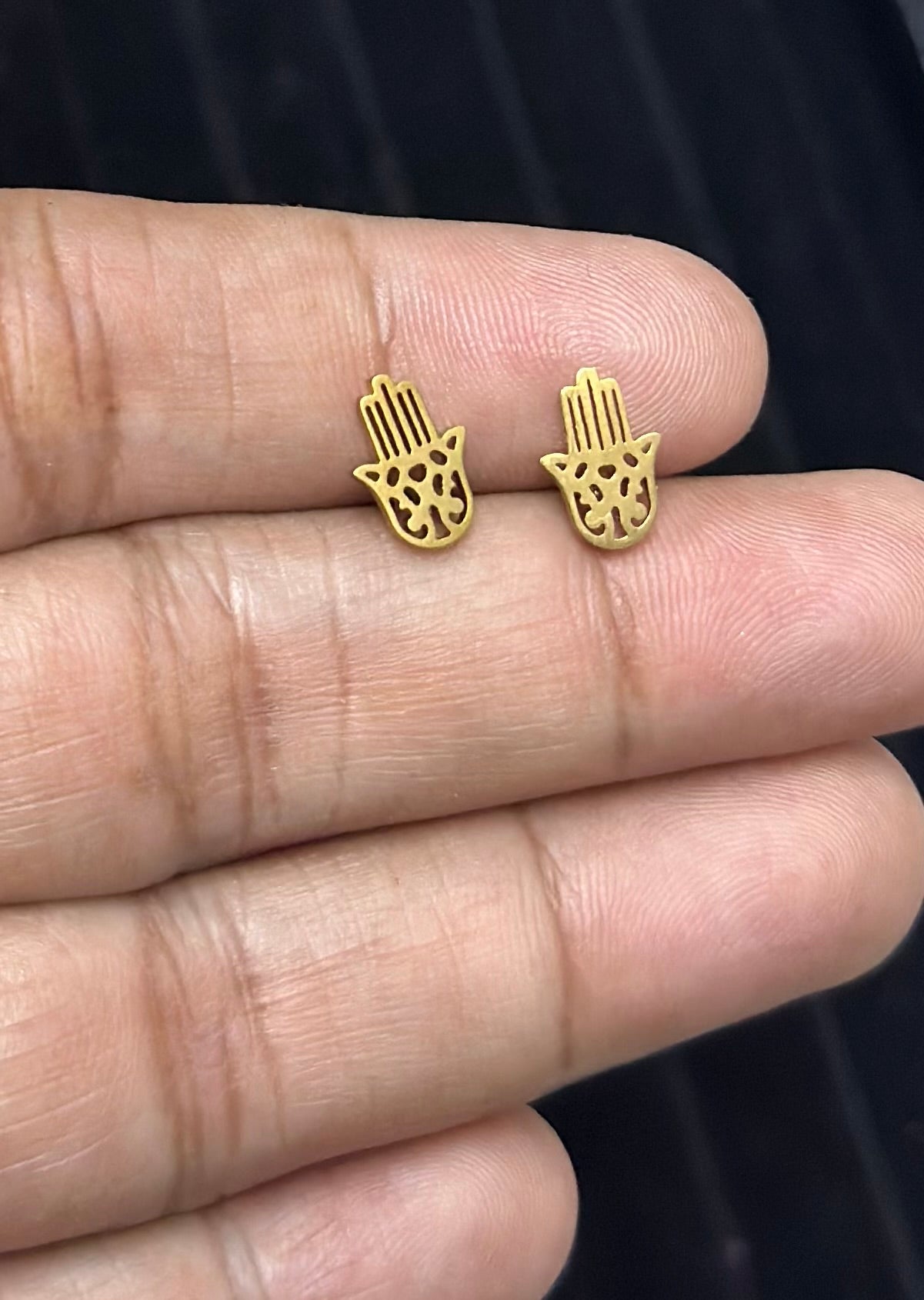 Minimal Size Elegant Gold Patterned Hamsa Hand Evil Eye Push Plugs Stainless Steel Earrings for Women