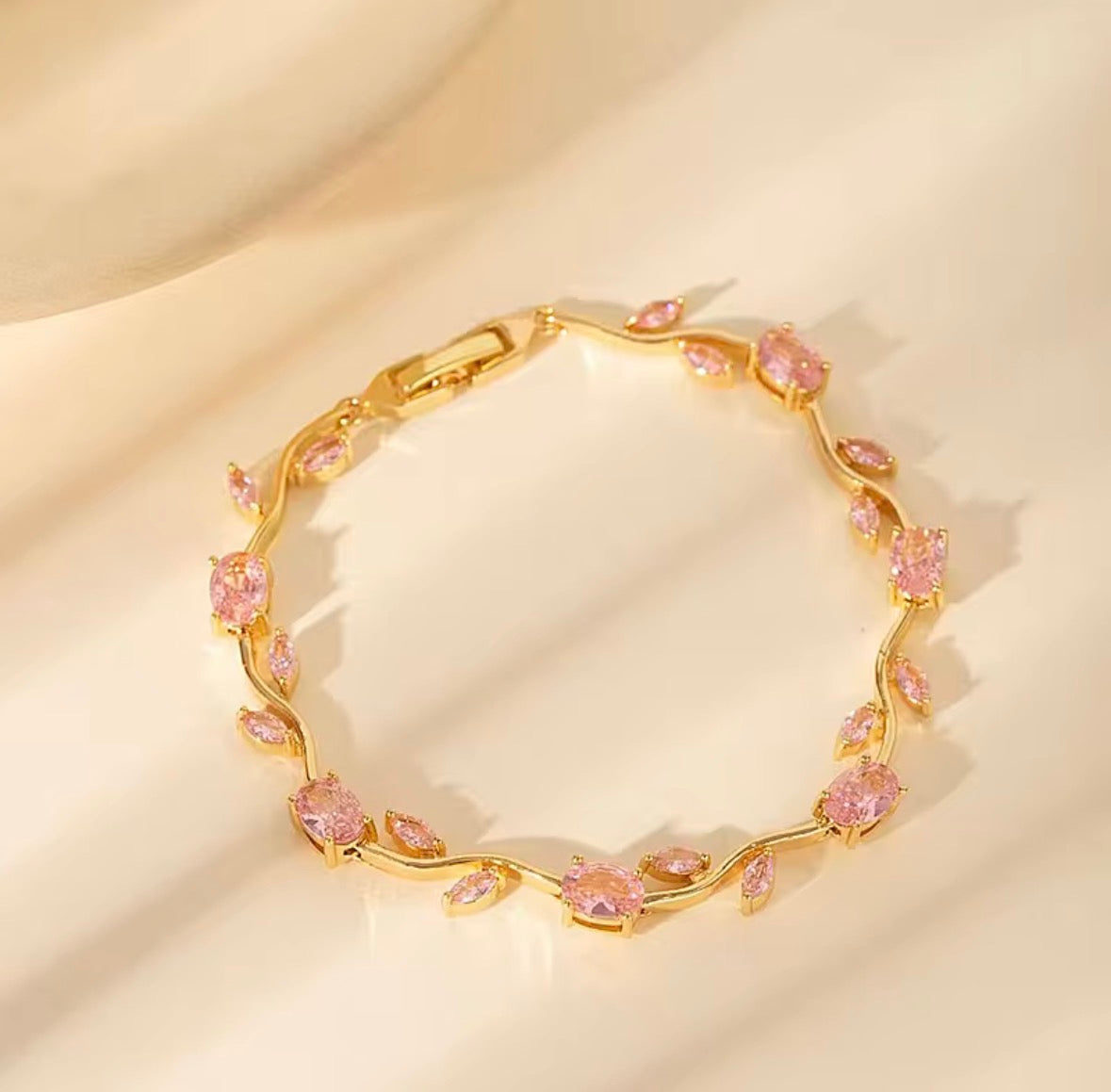 Blush Tulip Bracelet – Gold Plated Pink Crystal Floral Chain for Women