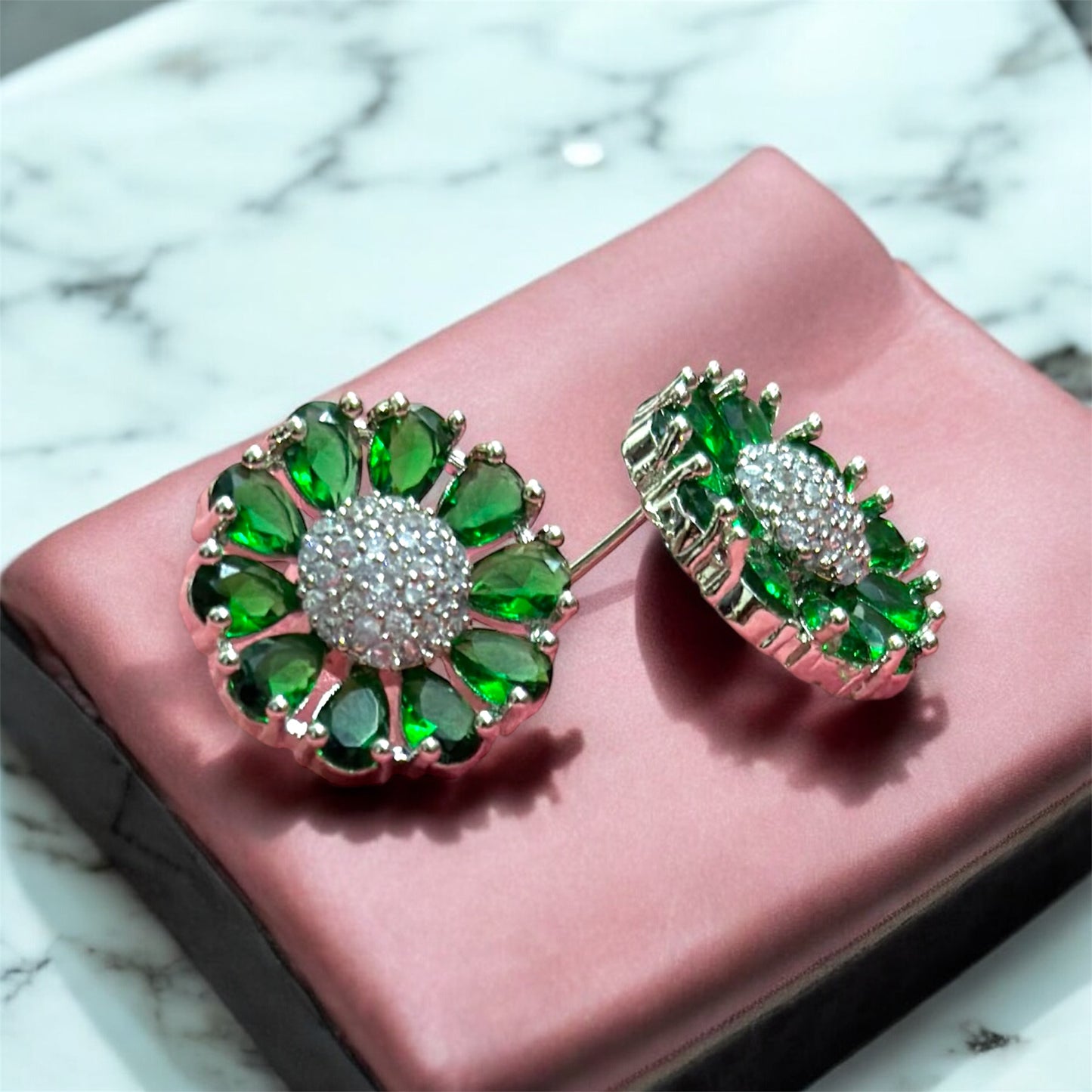 Premium Gemstone AD Flower Stud Earrings with Dazzling Crystal Center For Women and Girls