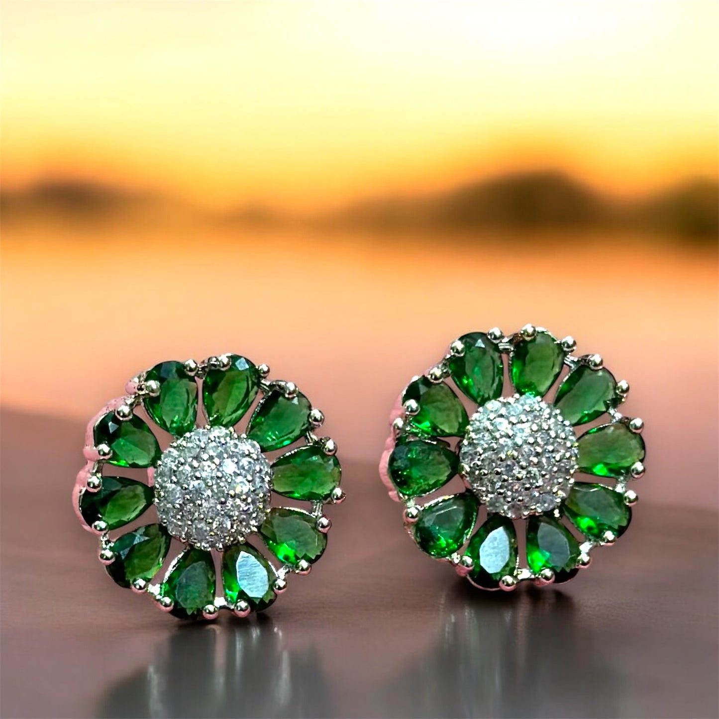 Premium Gemstone AD Flower Stud Earrings with Dazzling Crystal Center For Women and Girls