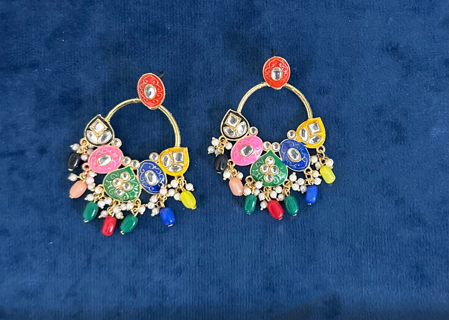 Premium Multicolored Meena Style Hand Painted Stones Studded Jhumka Push Plugs Earrings