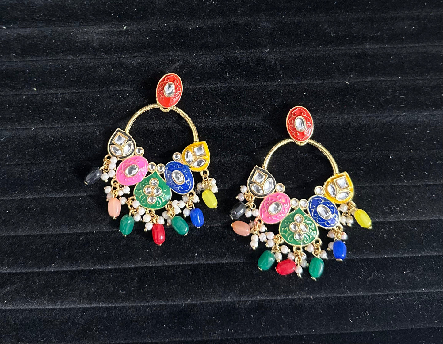 Premium Multicolored Meena Style Hand Painted Stones Studded Jhumka Push Plugs Earrings