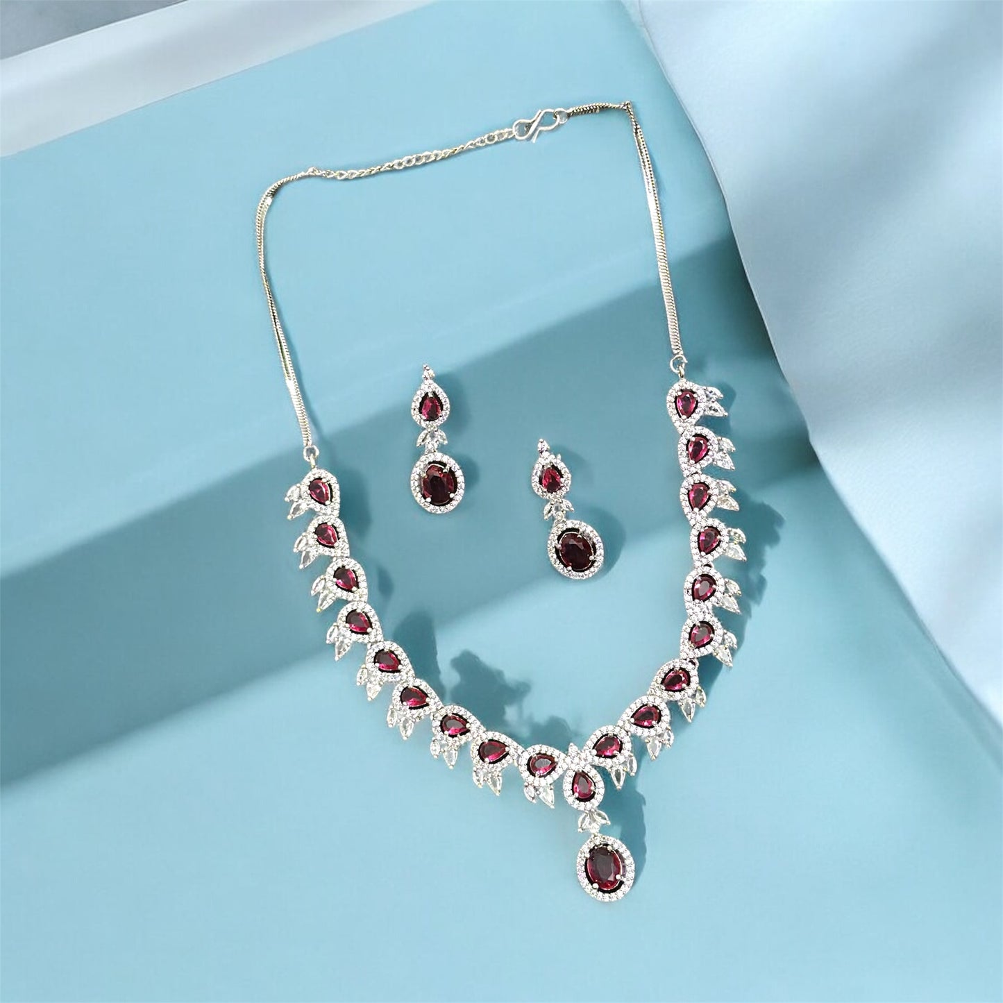 Premium CZ Stones Studded Colored AD Necklace Choker Set With Earrings