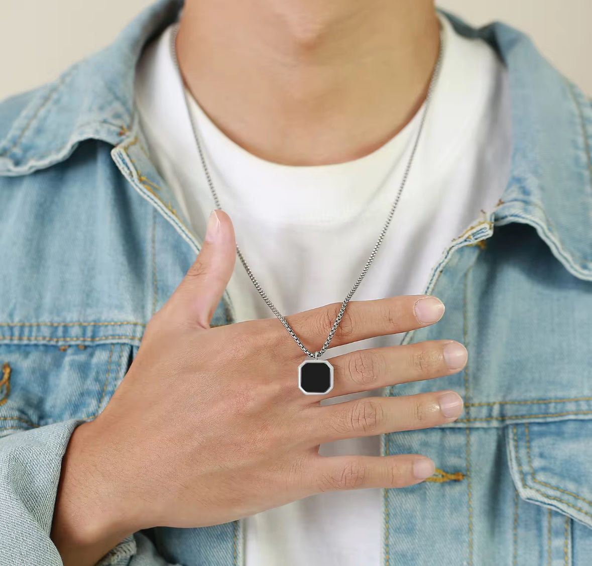 Minimal Black Glass Cut Square Shaped Necklace Pendent Chain