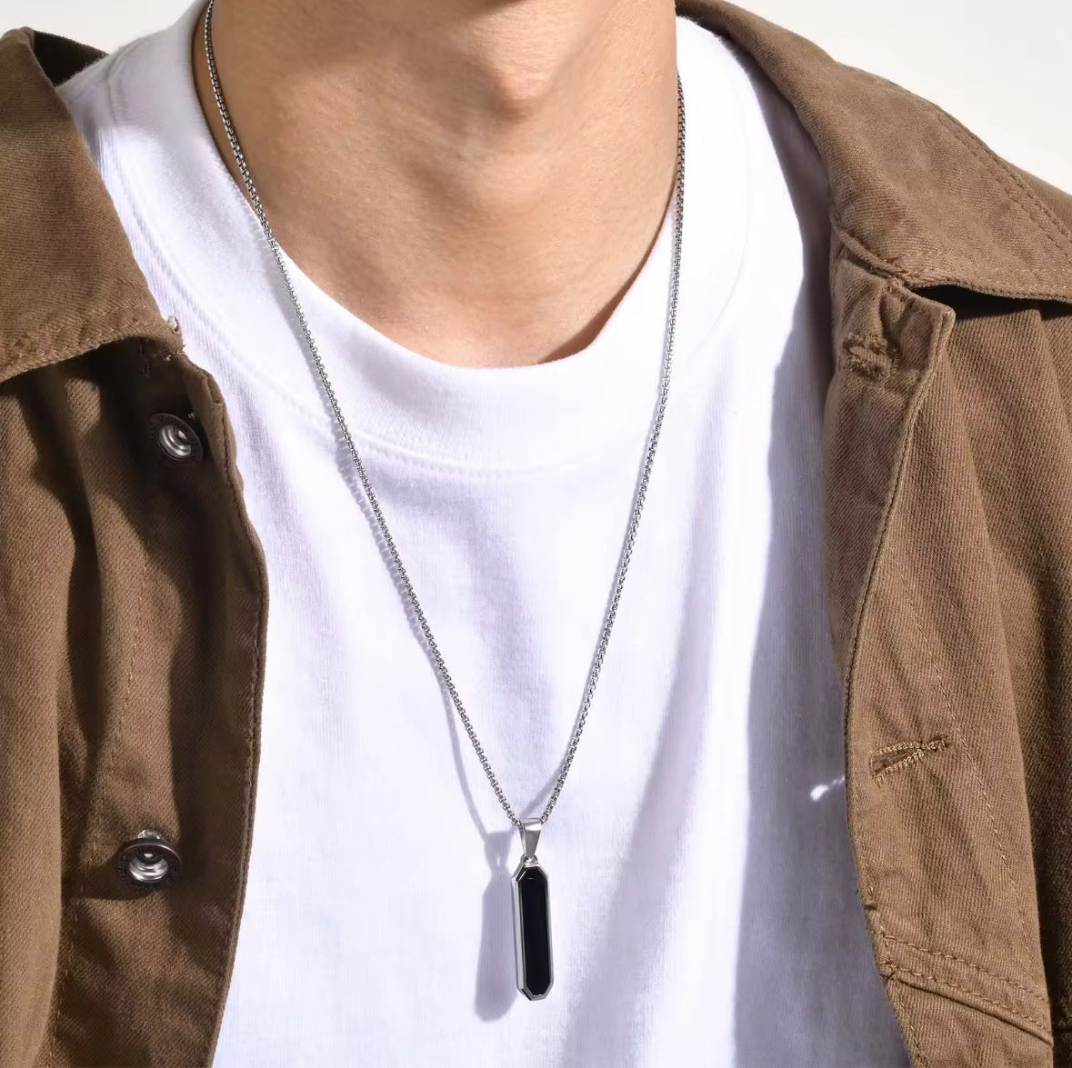 Cylindrical Shape Black Glass Cut Minimal Necklace Pendent Chain