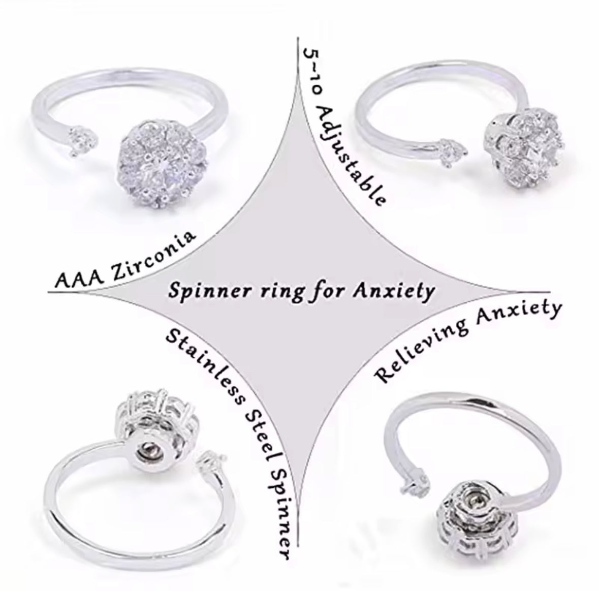 Premium CZ Stones Studded Adjustable Size Anti Anxiety Spinny Hand Finger Ring For Women and Girls