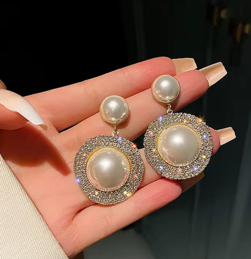 Designer Pearl Hanging Korean Push Plugs Drop Earrings