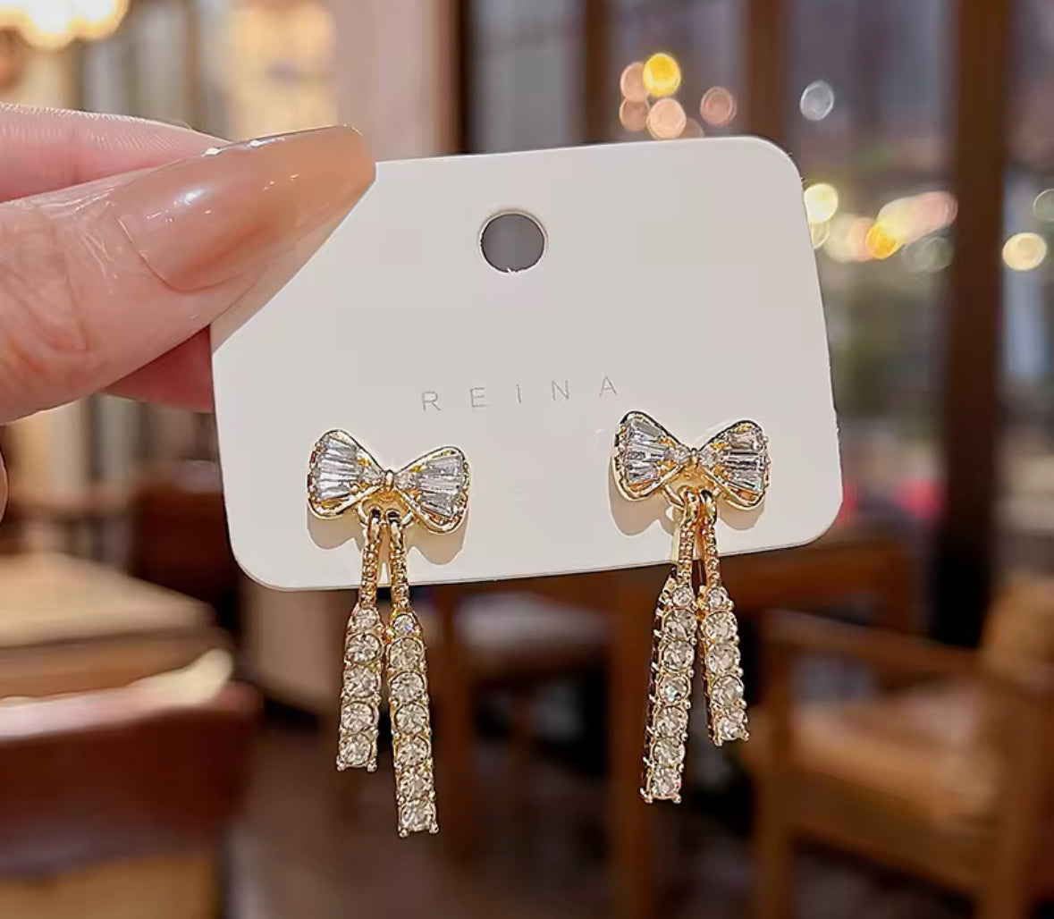 Stones Studded Bow Hangings Korean Push Plugs Drop Earrings