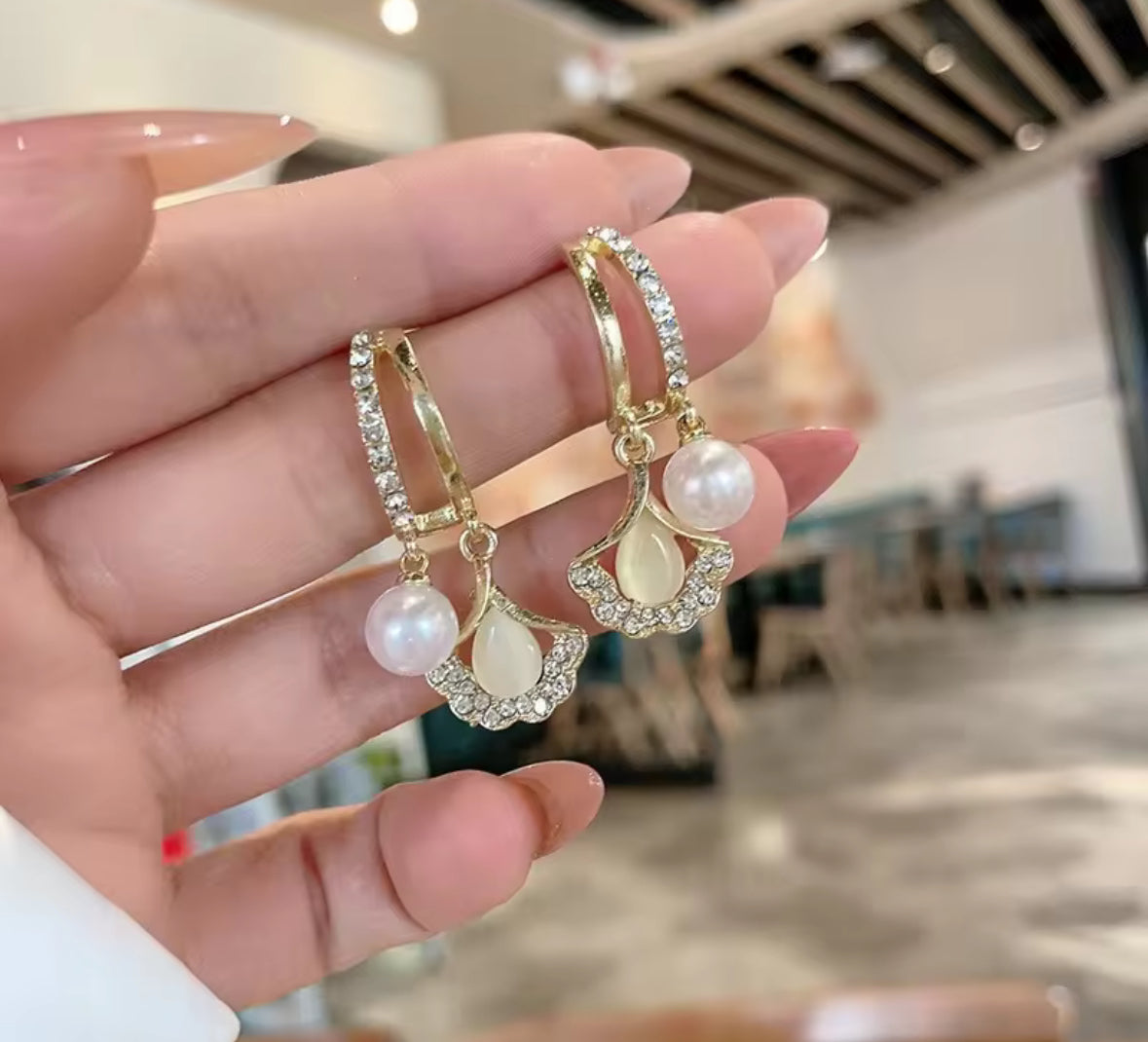 Designer Stones and Pearl Studded Hangings Korean Push Plugs Drop Earrings
