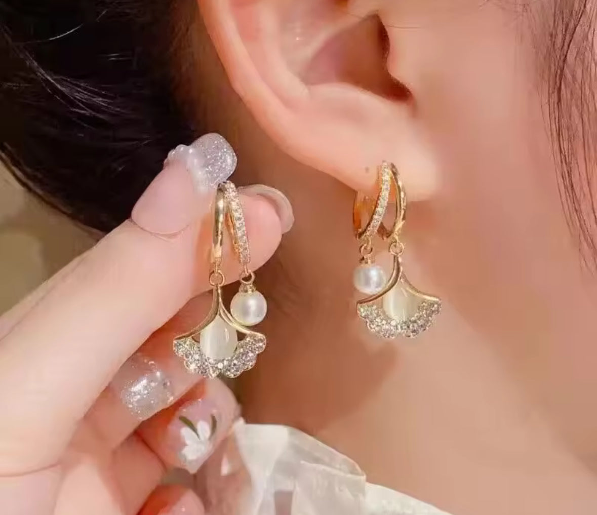Designer Stones and Pearl Studded Hangings Korean Push Plugs Drop Earrings