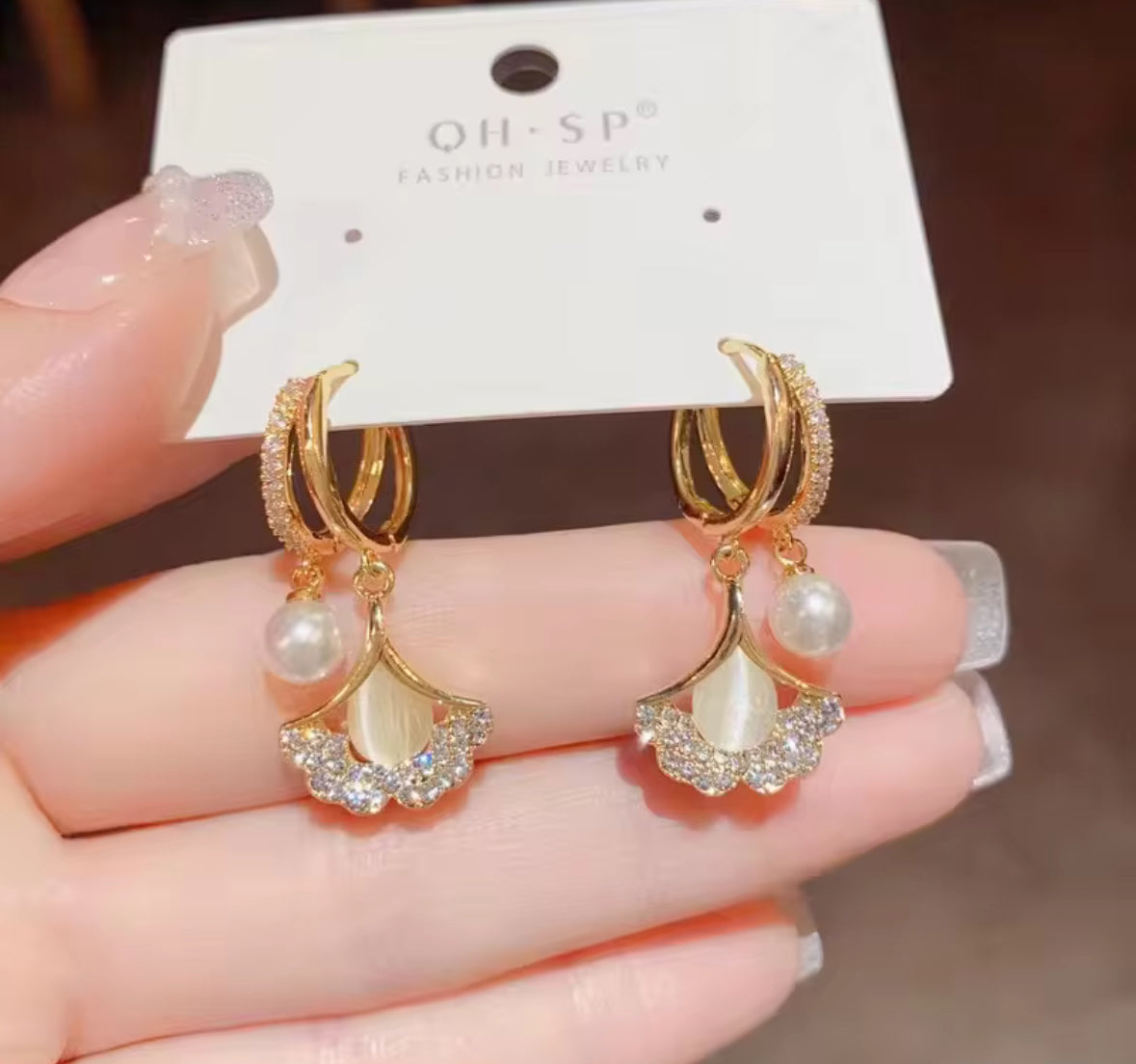 Designer Stones and Pearl Studded Hangings Korean Push Plugs Drop Earrings