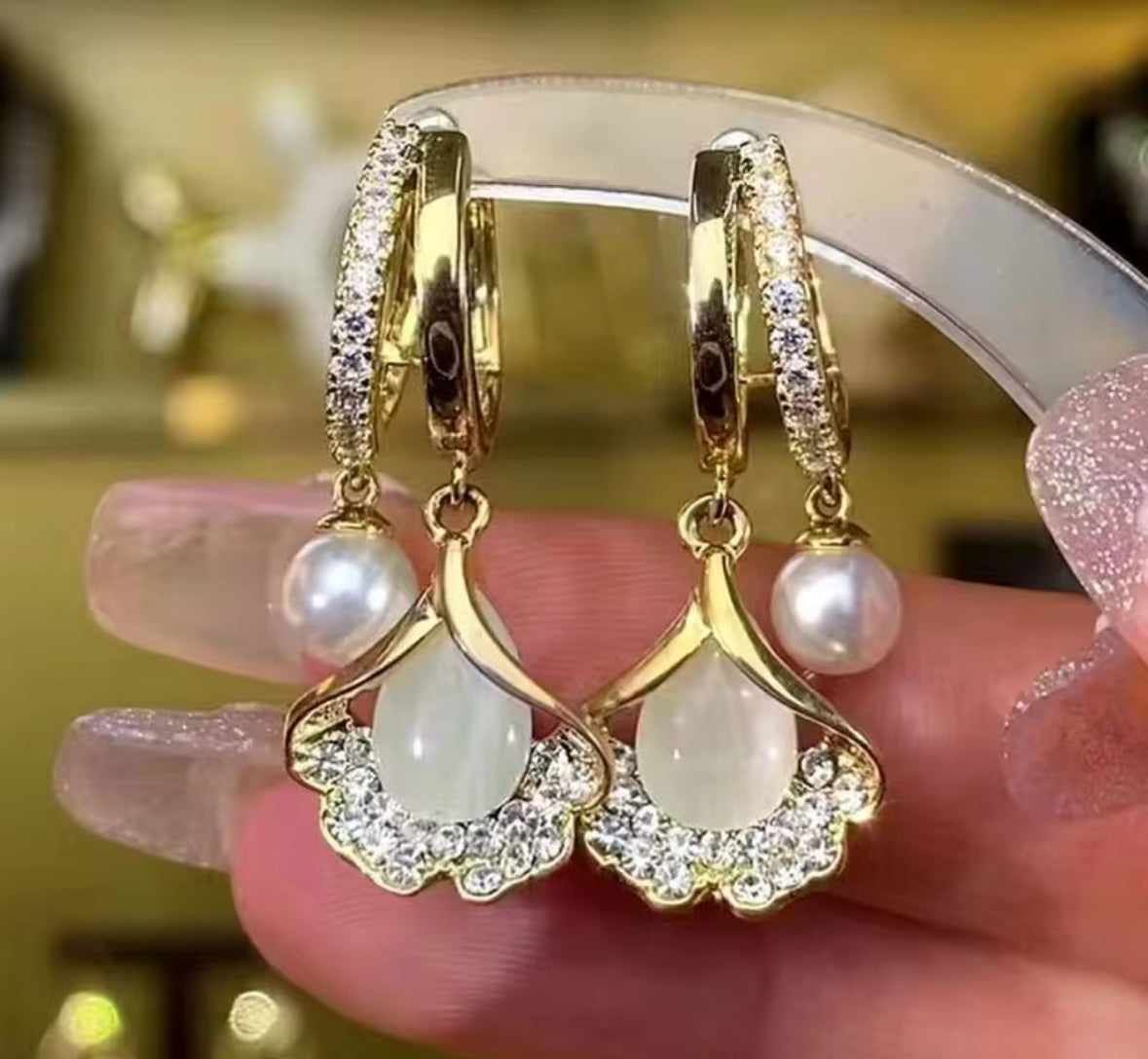 Designer Stones and Pearl Studded Hangings Korean Push Plugs Drop Earrings