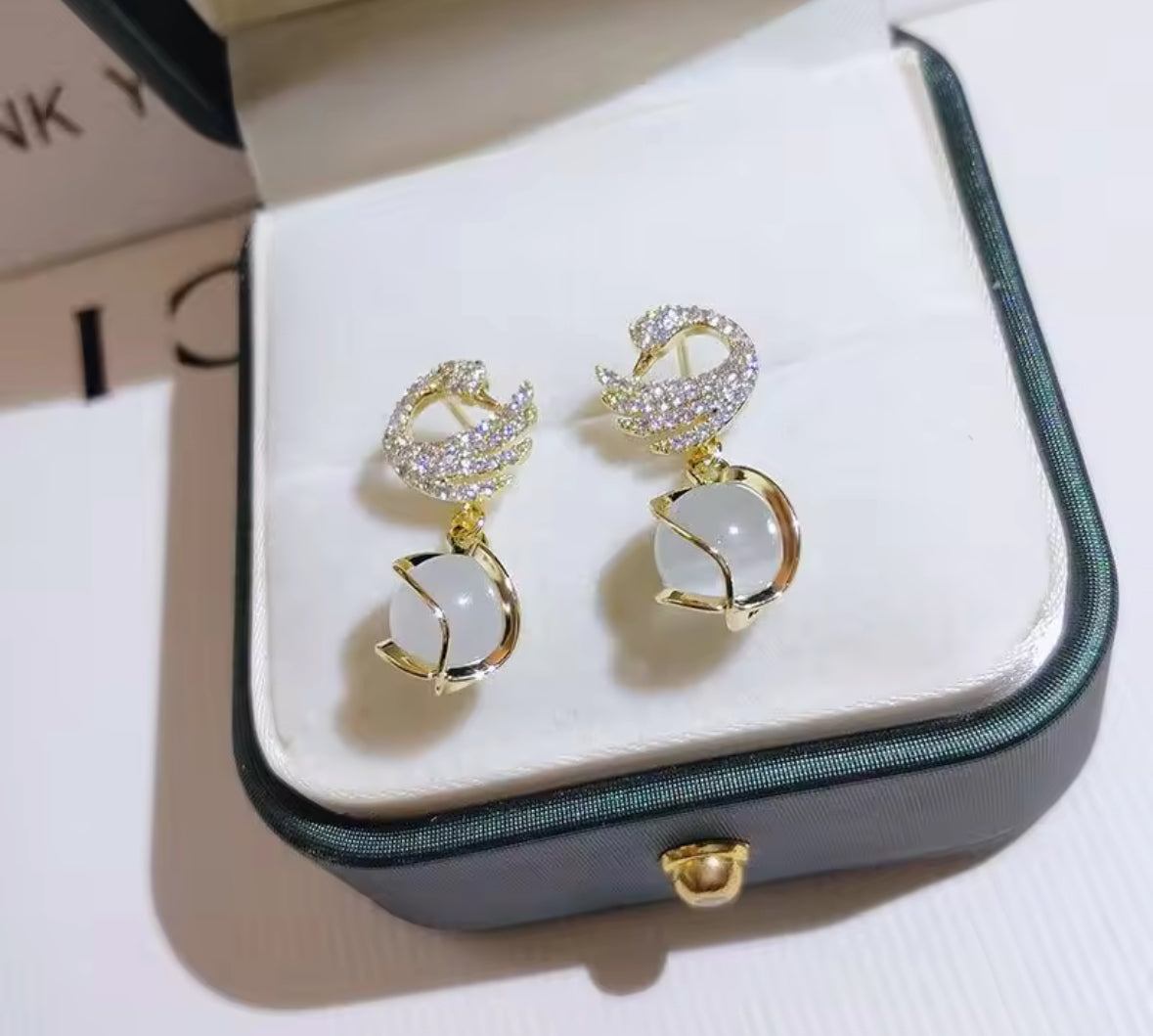 Peacock Style Stones Studded Hanging Pearl Korean Push Plugs Stud Earrings