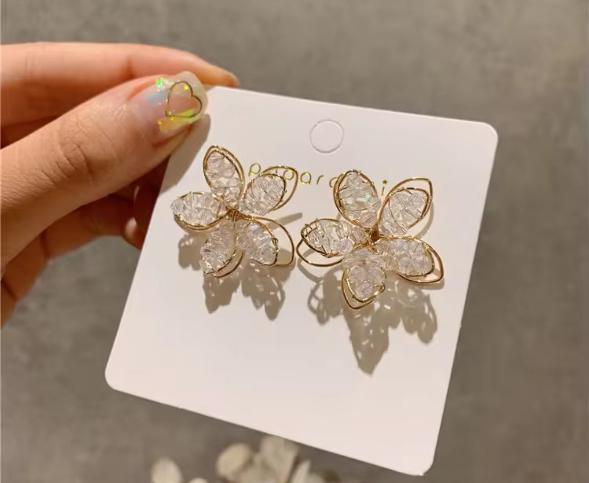 Flower Style Oversized Stones Studded Korean Push Plugs Stud Earrings