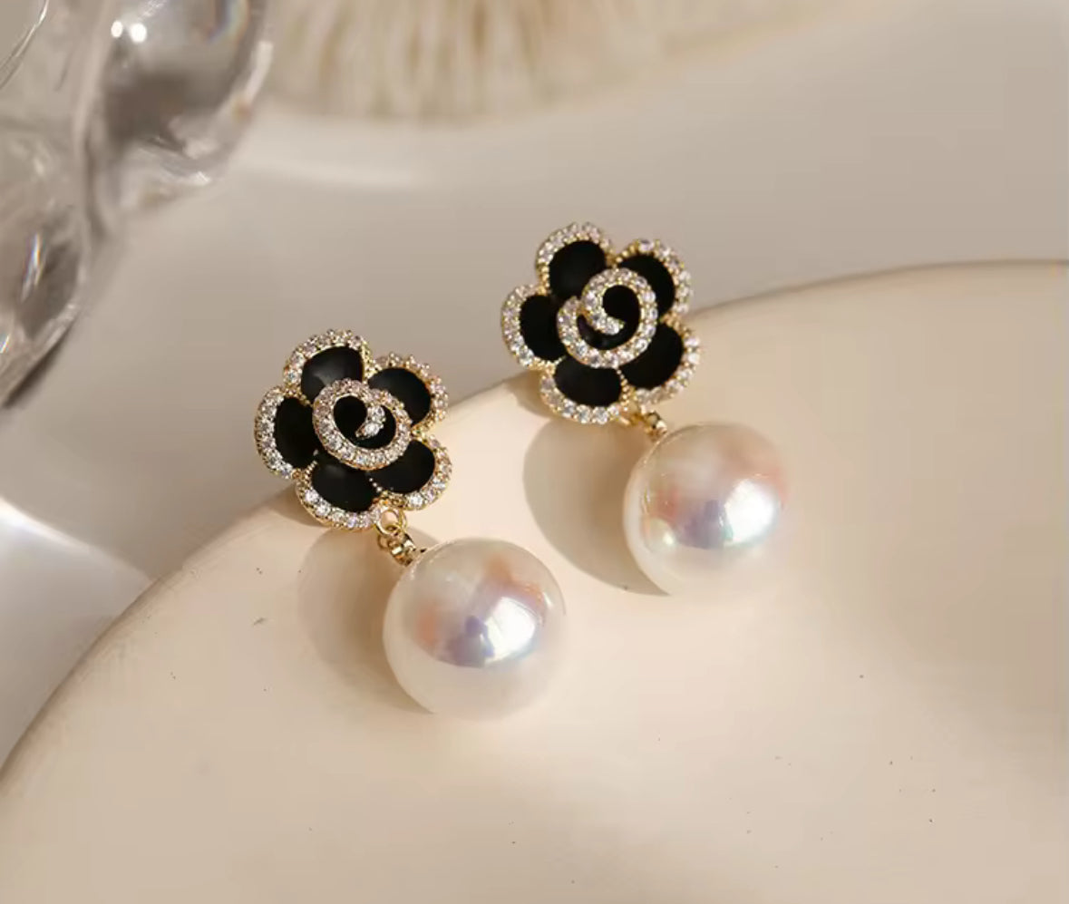 Stones Studded Flower Pearl Dangle Style Korean Push Plugs Drop Earrings