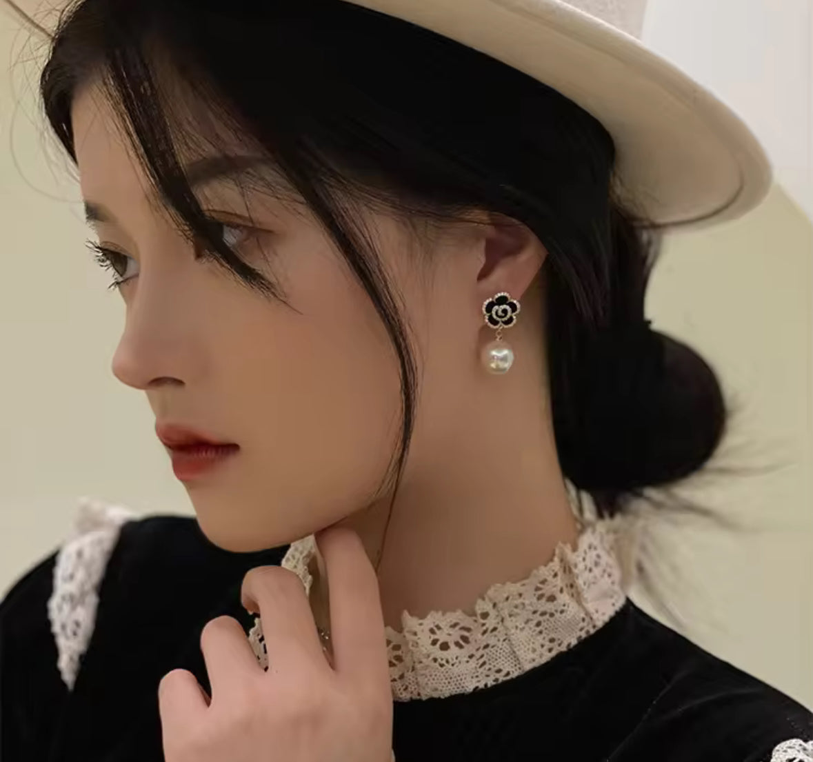Stones Studded Flower Pearl Dangle Style Korean Push Plugs Drop Earrings