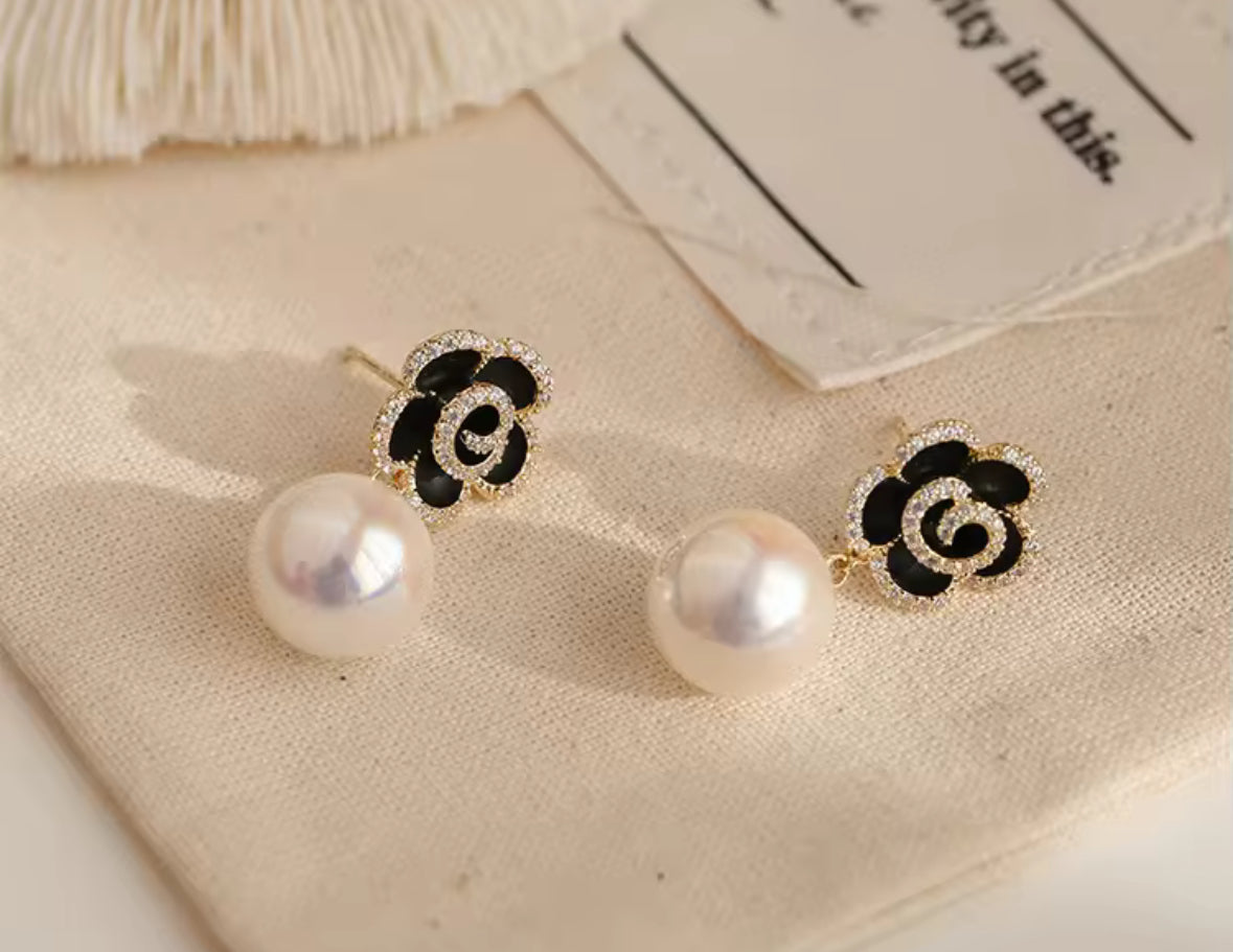 Stones Studded Flower Pearl Dangle Style Korean Push Plugs Drop Earrings